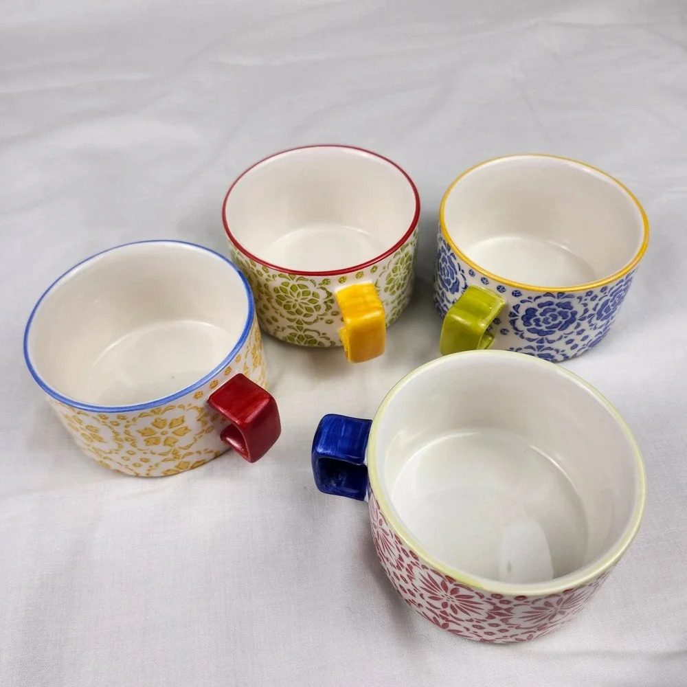Pier 1 Imports Coffee Mugs Set of 4 Multicolor Floral Hand Painted Stoneware